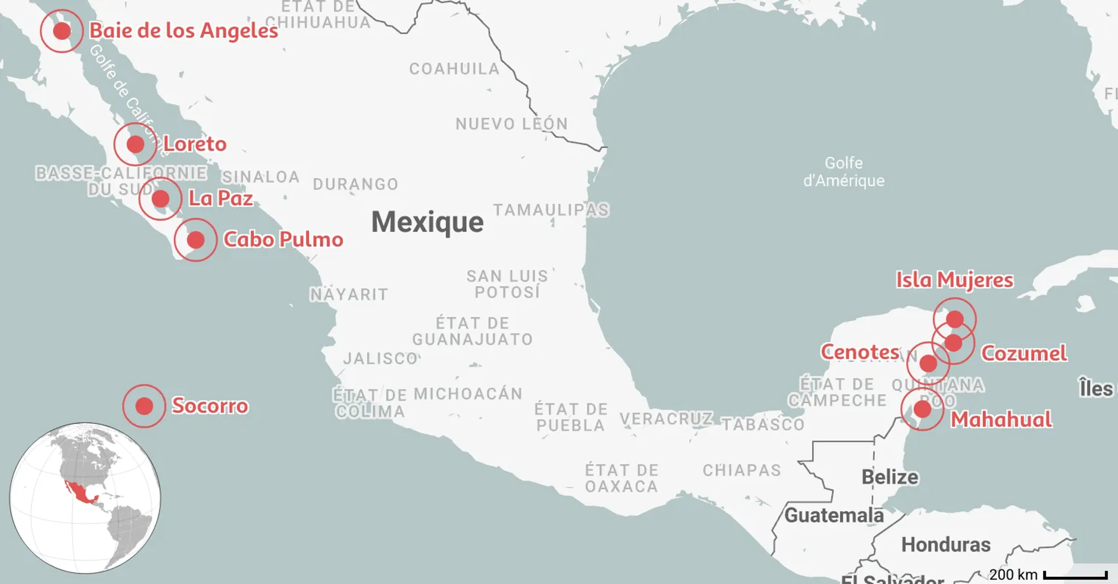 Carte des 9 meilleurs sites de plongée au Mexique
