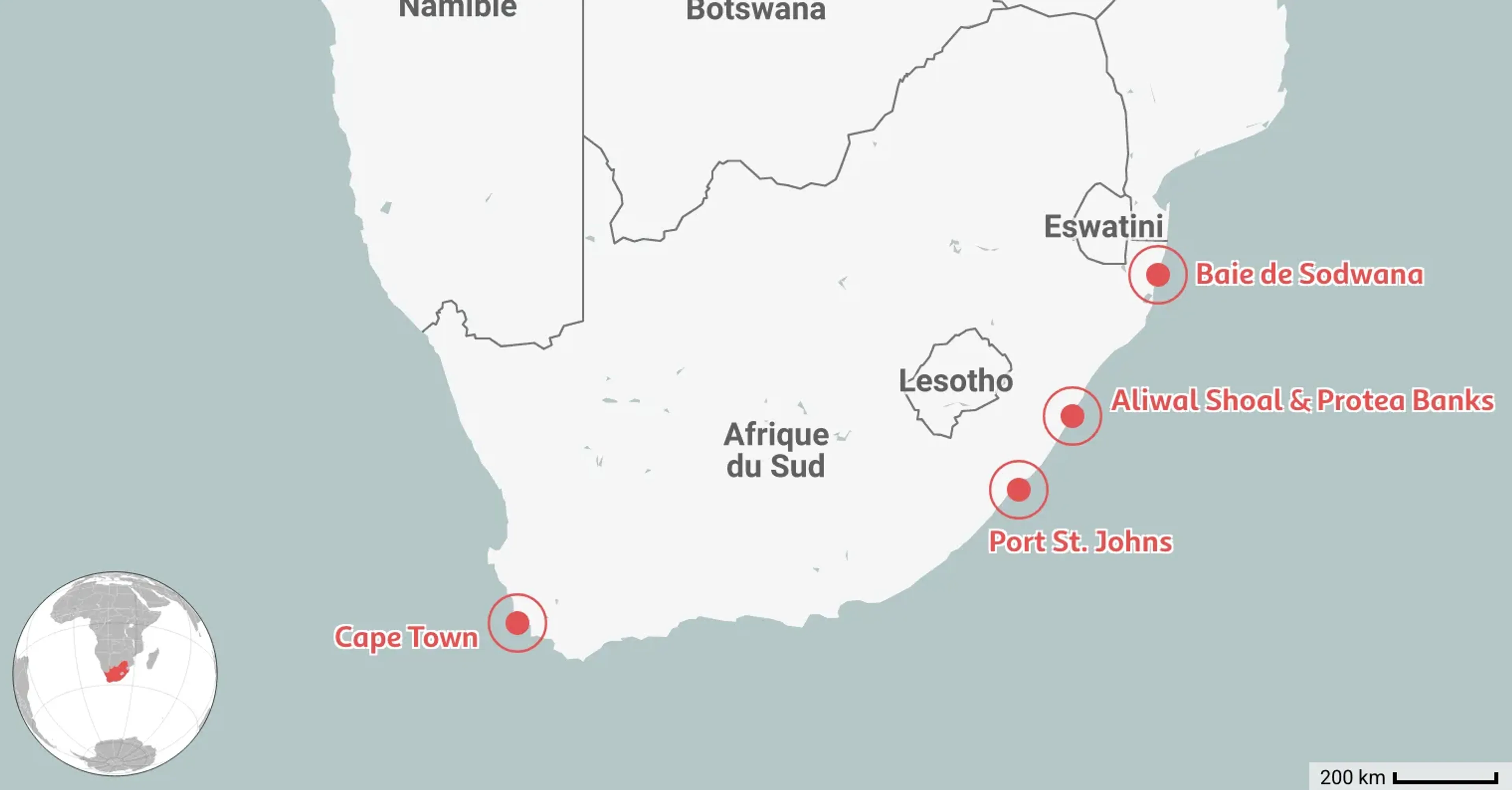 Carte des 4 meilleurs sites de plongée en Afrique du Sud