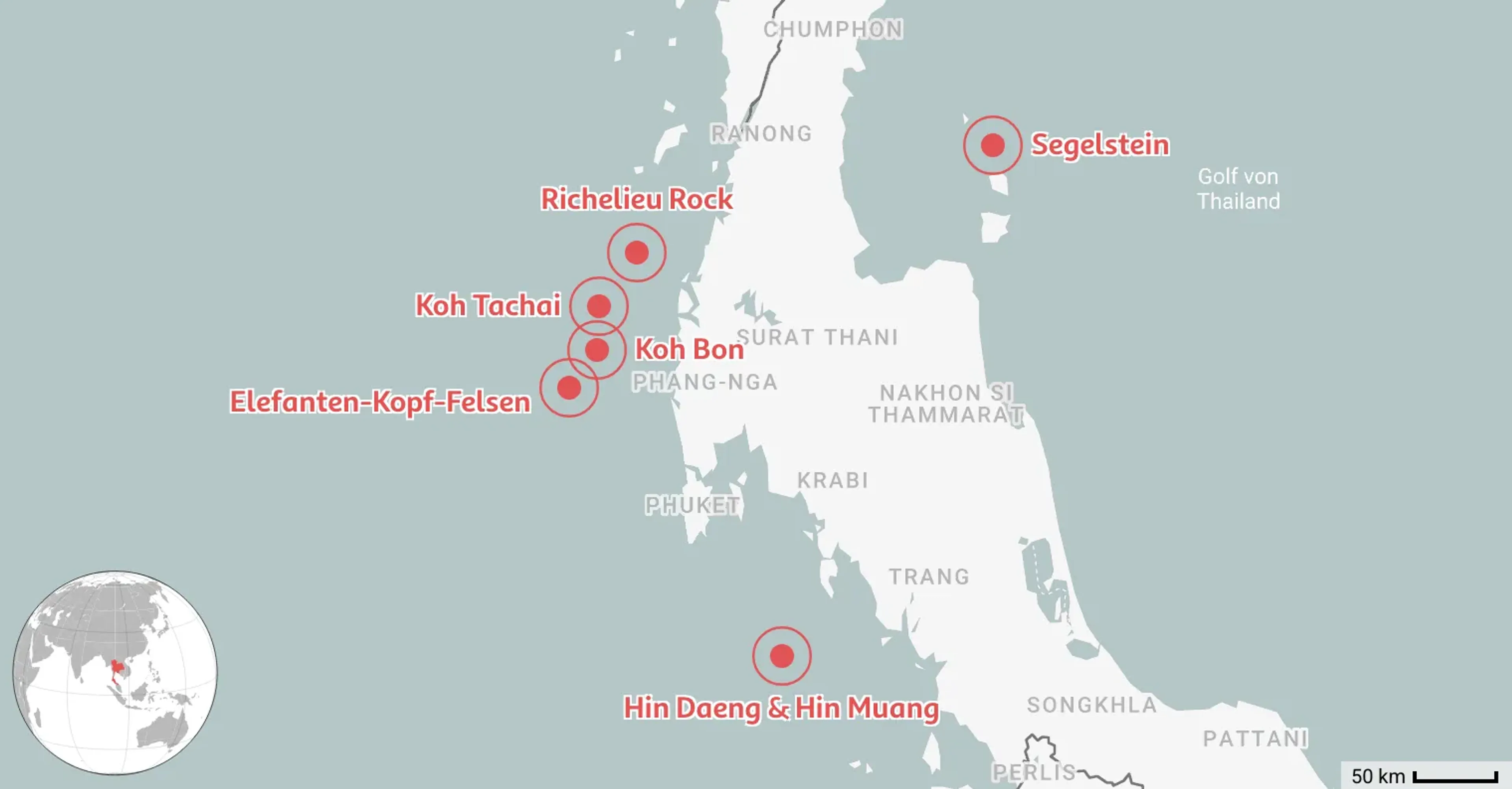 Karte: 6 Beste Tauchplätze in Thailand